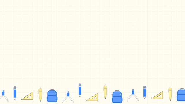 Seamless looping background animation of swinging school supplies like a pencil, compass, ruler, and backpack with wide text copy space on cream yellow grid graph notebook paper background