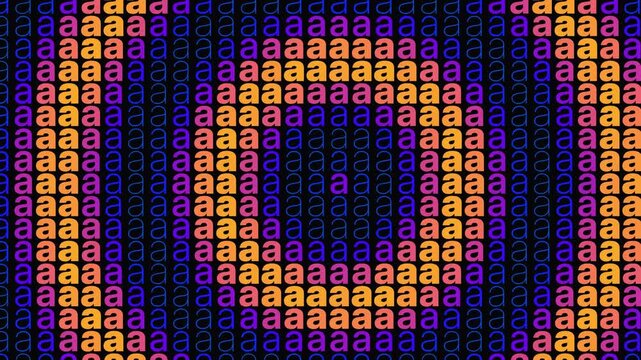 Abstract typography background featuring a repeating pattern of lowercase letter a in a vibrant colorful grid for digital art and graphic design loop