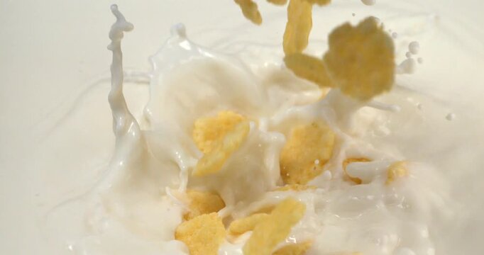 Corn flakes falling into milk with splash in super slow motion 1000 fps