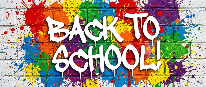 Playful graffiti style back to school text written on a bright and bold splattered paint background on a brick wall, artistic creative celebration.