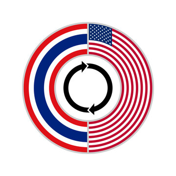 thb to usd exchange rate concept. round symbol with thailand and united states flags. language translation icon. vector illustration isolated on white background