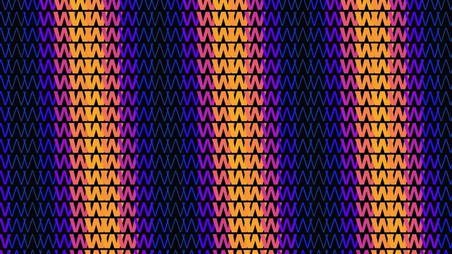 Vibrant colorful neon zig zag lines shift horizontally across a dark grid to form a geometric motion pattern ideal for electronic music visuals