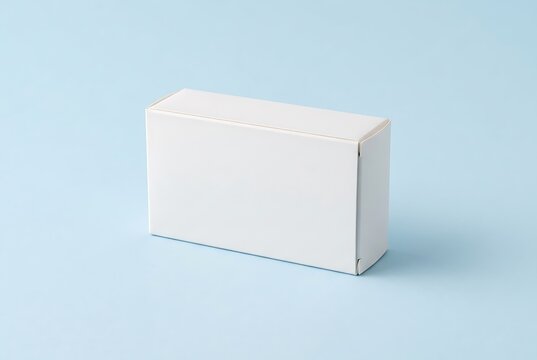 Blank white cardboard box mockup on light blue background for product packaging