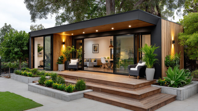 Modern backyard accessory dwelling unit with bifold doors opening to a lush garden, creating a seamless indoor outdoor living experience with minimalist architecture