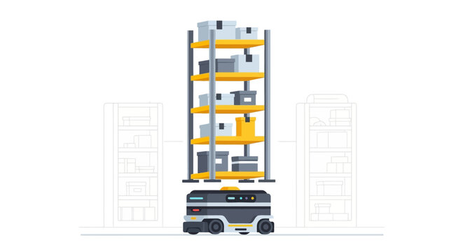 Automated Warehouse Robot Lifting Storage Shelf with Goods. Vector Illustration of Smart Logistics, Industrial Automation, and E-commerce Fulfillment Technology.