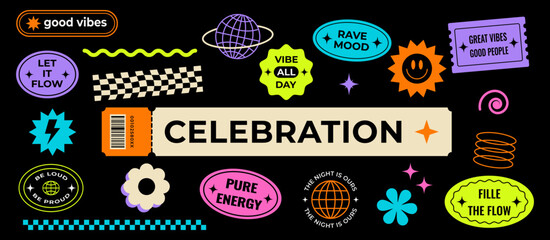 Y2K Celebration Streetwear Sticker Set with Retro Futuristic Vector Graphic Elements © Md Abdullah Al Sani
