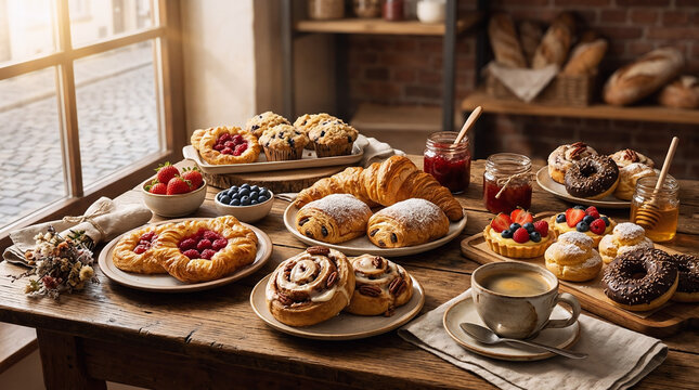 Assortment of Homemade Pastries and Desserts Displayed on Wooden Table in Bright Natural Light
