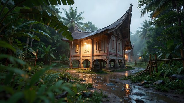 Traditional indonesian rumah gadang house in lush rainforest setting