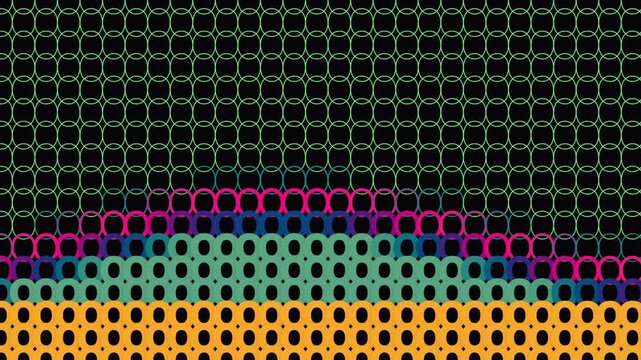 Abstract interlocking circular grids cascade down into vibrant neon ring layers forming a multi color graphic composition for digital art backgrounds