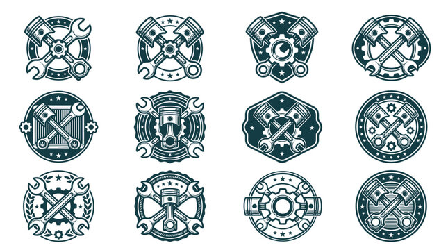 Collection of twelve automotive service logo templates featuring crossed wrenches, engine pistons, gears, and stars in a vintage monochrome badge style on a white background.