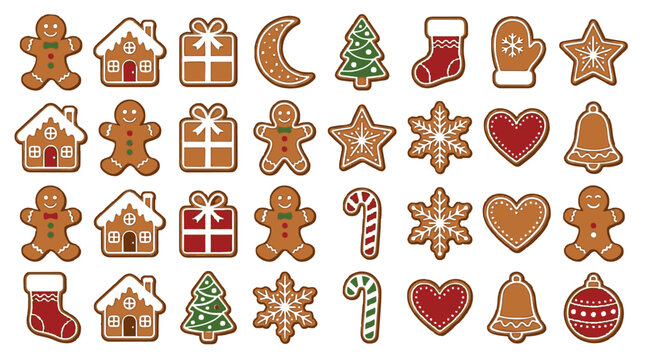 Gingerbread Cookies on White Background with Gingerman Girl House Gift Tree Star Moon Snowflake Bell Ornament Mitten Candy Cane Heart
