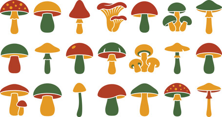 Set of colorful mushrooms icons and vector illustrations of various wild forest fungi species © azad