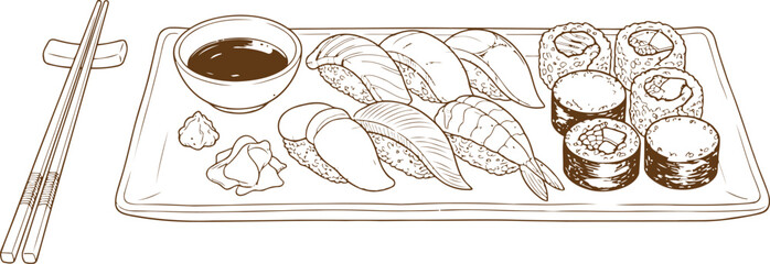 Fresh sushi set with soy sauce and chopsticks on a serving plate © Md