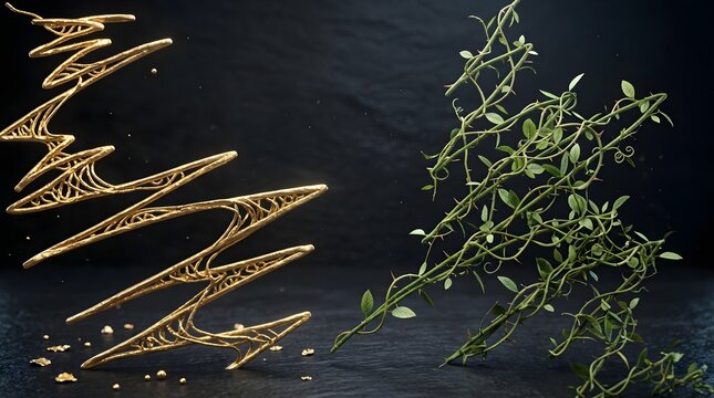 Abstract Golden Geometric 3D Structure Beside Green Thorny Plant Vines