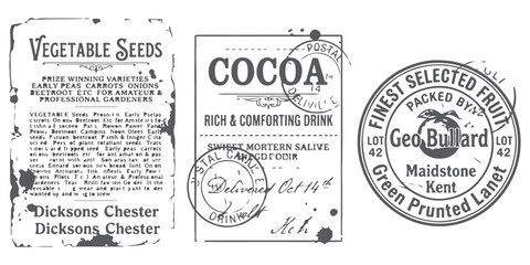 Set of three vintage labels for vegetable seeds cocoa and fruit crates with typography and stamps © md