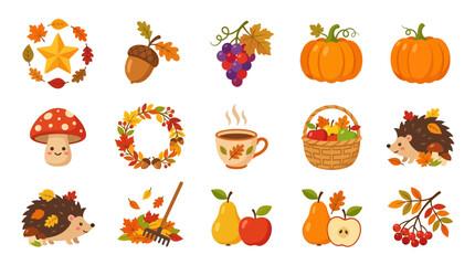 Autumn Harvest Collection: Pumpkins, Fruits, Acorns, Hedgehog, Mushroom, Leaves © Martabak