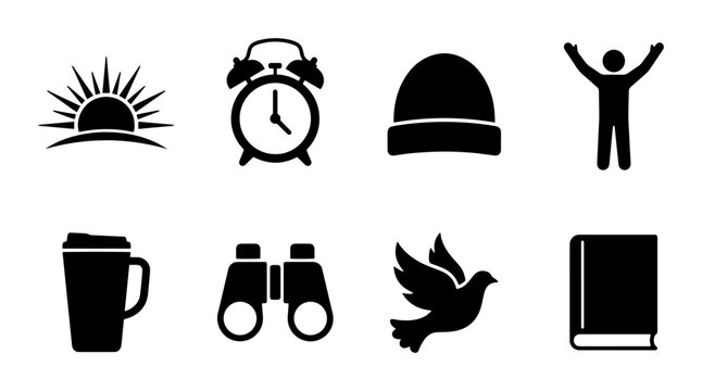 Morning Sunrise, Alarm Clock, Beanie Hat, Person Arms Up, Coffee Cup, Binoculars, Dove, Book Icons: Simple Black Vector Graphics for Daily Life