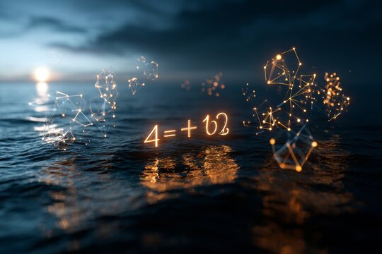A digital art piece featuring a mathematical equation '4 + b2' set against a dark, starry night sky over water