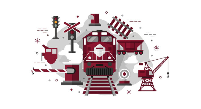 Flat Design Illustration of Locomotive Train and Railway Logistics Icons