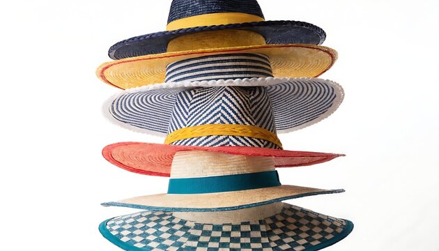 Set of collection stack of woven straw hats for summer with shadow cut out isolated on white background. Natural fashion accessory design. AI GENERATED.