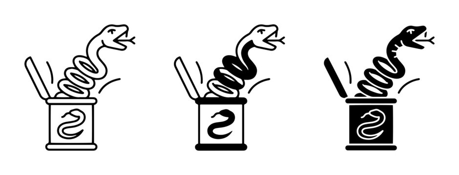 Snake in a Box Icons, Surprise Danger Vector Graphics, Trick or Treat Symbols