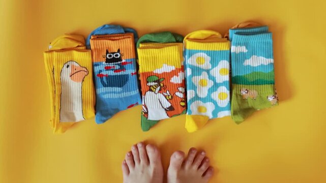 Bare feet choosing funny colorful socks on yellow background. Creative assortment of cotton socks with duck, cat, bee, fried eggs and sheep patterns, youth fashion or wardrobe choices concept