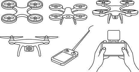 Collection of drone line art icons featuring quadcopters remote controllers and hands holding controller isolated on white background © Robiul
