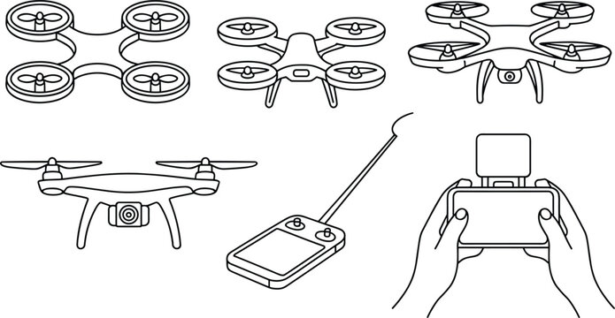 Collection of drone line art icons featuring quadcopters remote controllers and hands holding controller isolated on white background