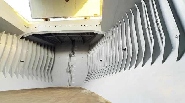 ship skeleton. inside the vessel empty cargo hold compartment.
