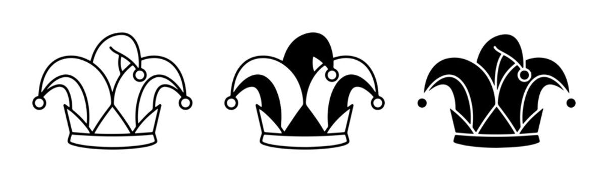 Jester Hat Icons, Harlequin Cap Symbols, Fool's Cap Graphics, Festive Headwear Vector Set