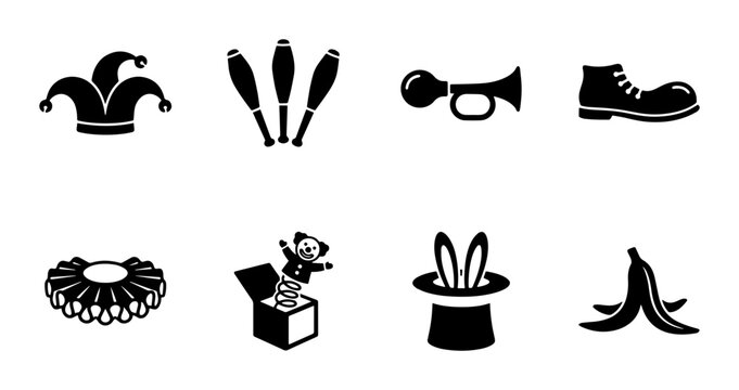 Circus Icons Set: Jester Hat, Juggling Pins, Horn, Clown Shoe, Ruffle Collar, Jack-in-the-Box, Magic Hat, Banana Peel