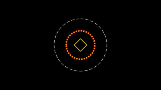 Abstract hud interface element with rotating square and glowing circle animation.