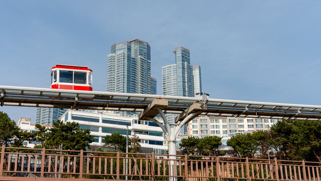 Sky capsule in Haeundae, Busan with modern buildings