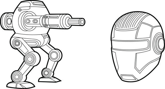 Futuristic sci-fi robot walker mech with cannon arm and robotic helmet line art vector illustration isolated on white background