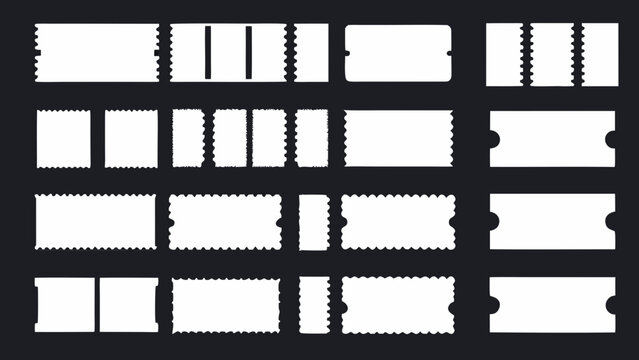 Collection of white event ticket stubs with perforated edges presented as silhouettes on a black background admission