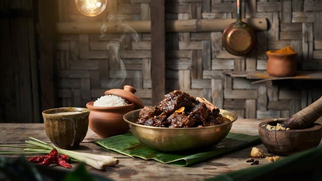 Indonesian rendang curry with steamed rice and traditional spice display