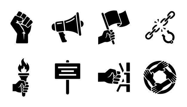 Protest Icons: Fist, Megaphone, Torch, Broken Chain, Unity Hands, Flag, Sign