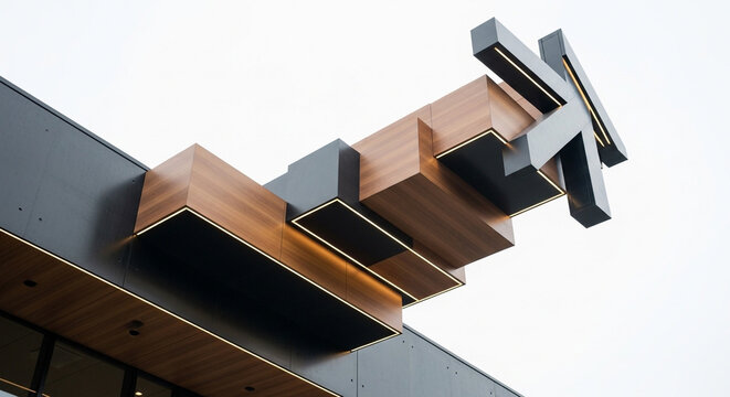 Modern architectural building with wooden and metal elements showcasing contemporary design and structure
