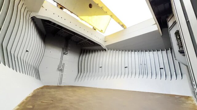 interior of a ship cargo hold with clean gray steel bulkheads and frames. scale to the cargo area. hatch covers partly opened.