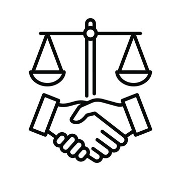 Legal agreement handshake icon under scales of justice with handshake, agreement