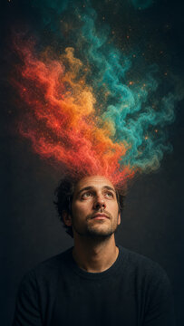 Conceptual portrait of a thoughtful creative man with a vibrant swirling cloud of coral, teal, and gold smoke expanding from his head. Creative thinking and marketing concept.
