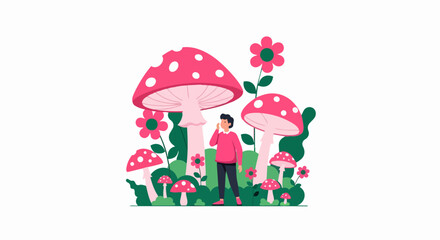Fototapeta premium Whimsical Flat Vector Illustration of a Man Exploring a Forest of Giant Pink Mushrooms and Flowers
