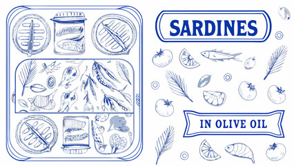 Vintage style illustration of sardines in cans lemon slices and botanical elements on a white background blue toned © Mousumi