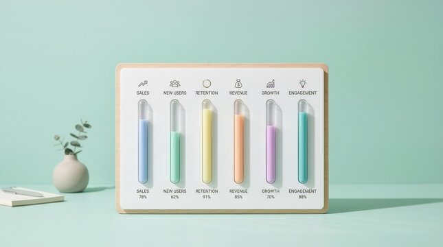 Modern business analytics dashboard with colorful liquid level indicators, visually representing key performance metrics, strategic progress, and balanced growth insights