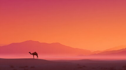 Fototapeta premium A camel walking in a desert landscape at sunset