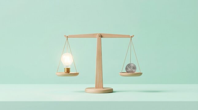 Balance scale showing a glowing light bulb for innovation and new ideas, against a crumpled metallic sphere for outdated concepts, symbolizing progress
