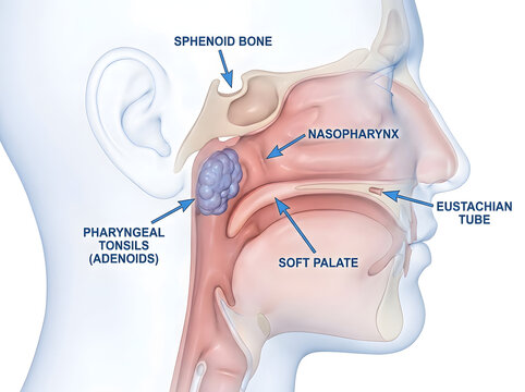Medical illustration showing human nasopharynx anatomy with pharyngeal tonsils label.