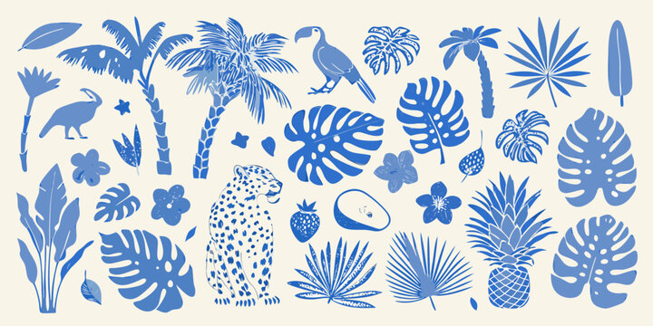 Blue Tropical Silhouettes Featuring Palm Trees And Wildlife