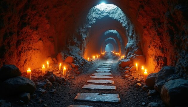 Candlelit tunnel pathway, rocky underground passage with stone stpic leading into dark abyss. Ancient mine shaft interior, subterranean exploration, historical site journey.