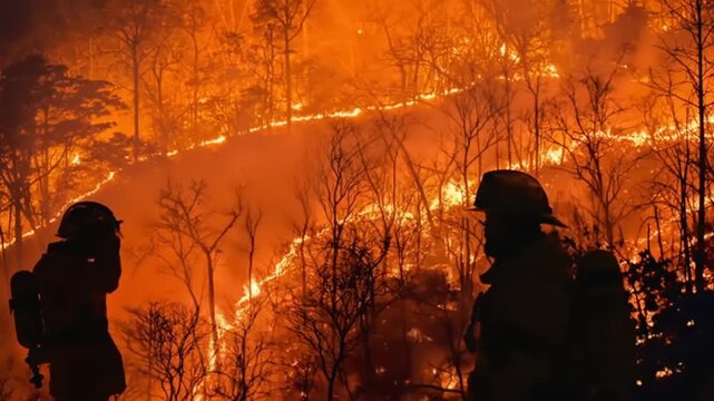 Firefighters battling a raging forest fire.